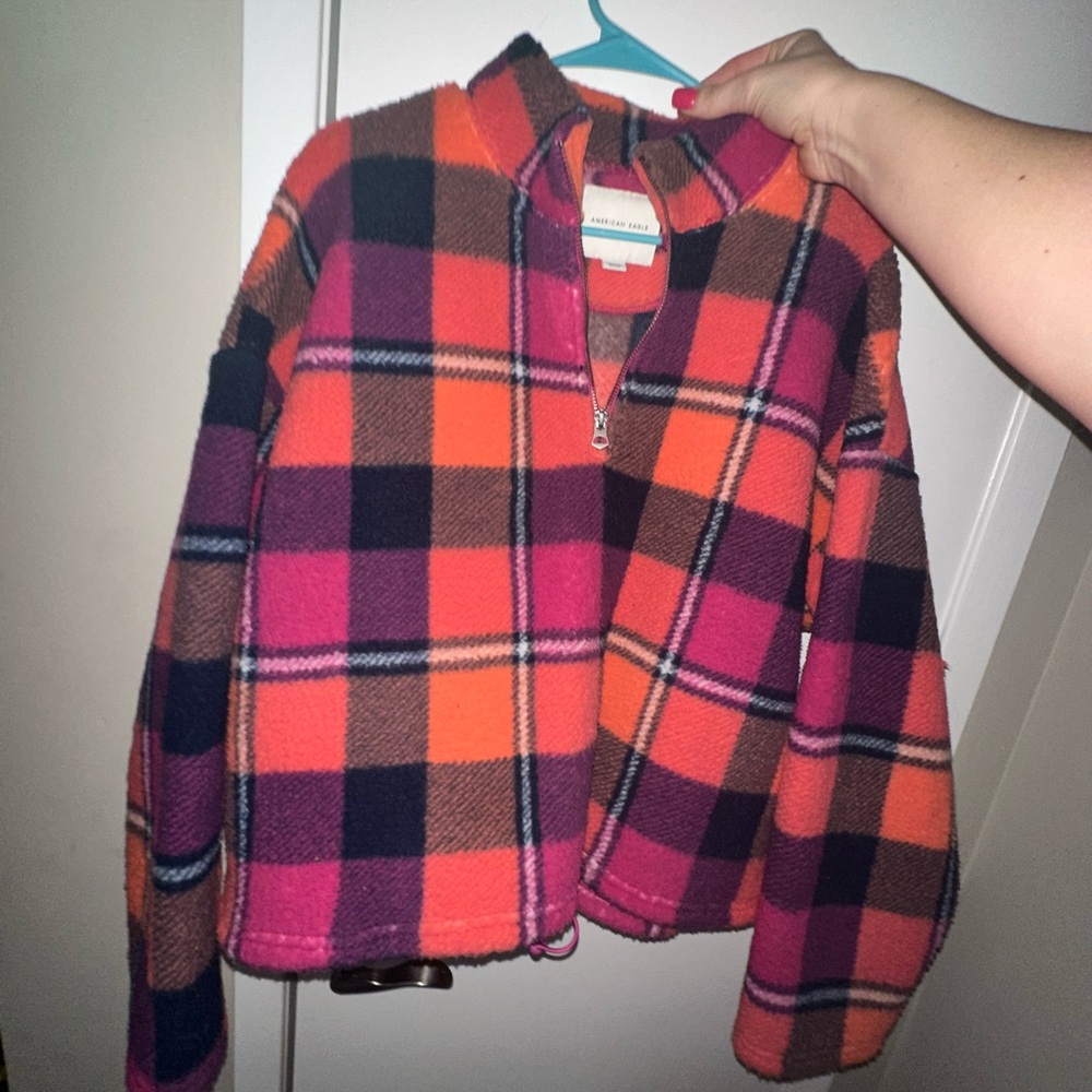 American Eagle fuzzy plaid jacket with zip